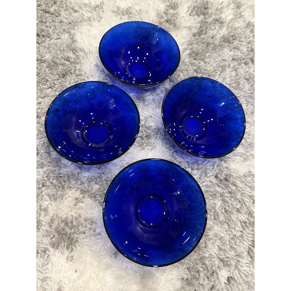 Vintage Cobalt Blue Glass Bowls 5" Dessert Berry Ice Cream Set of 4 Retro